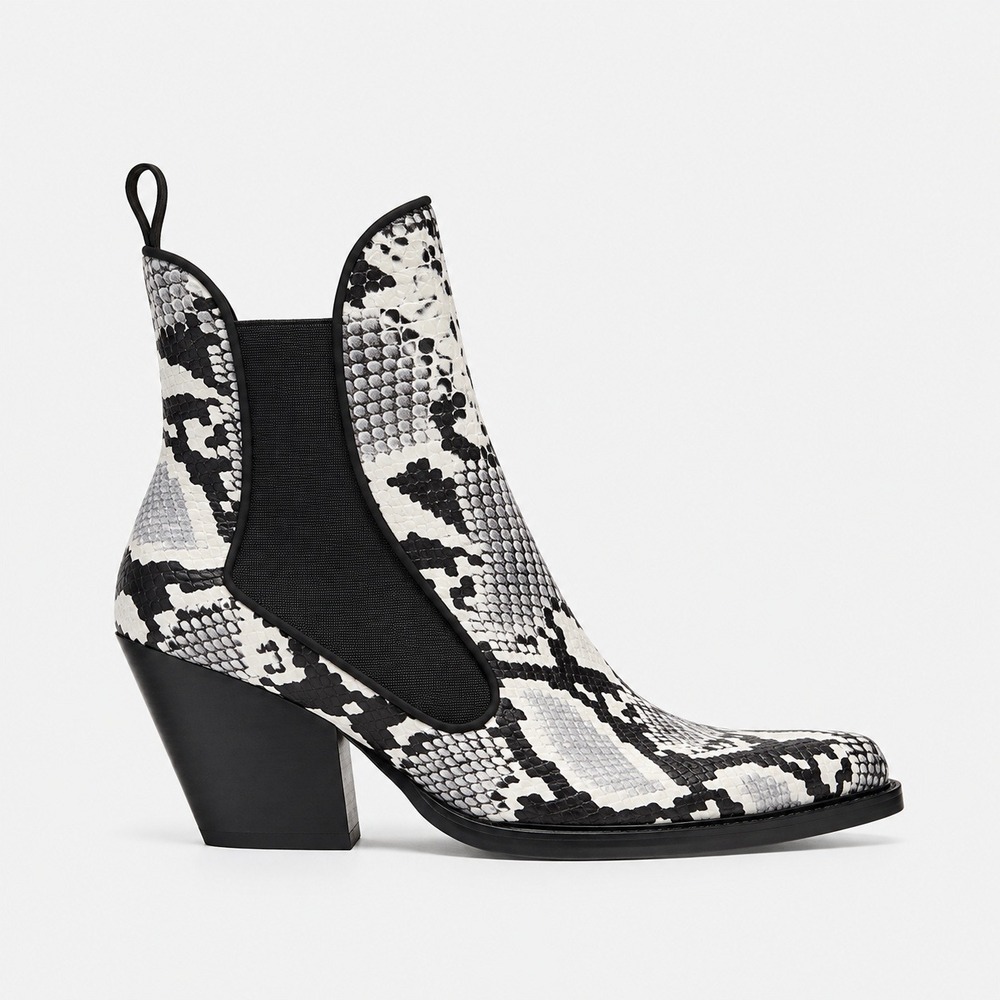 Zara Trafaluc Snakeskin Print Western‎ Ankle Boots Black White Pointed Toe 40